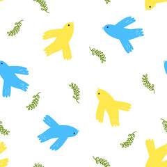 Vector seamless pattern with doves and olive branch in cartoon flat style on white background. Blue and yellow cute birds as concept of peace in Ukraine