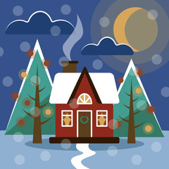 Winter cottage. Small house in the village. Christmas night. Christmas eve. Village house and christmas trees. Vector cartoon drawing of a Christmas winter landscape with a snow covered cottage. 