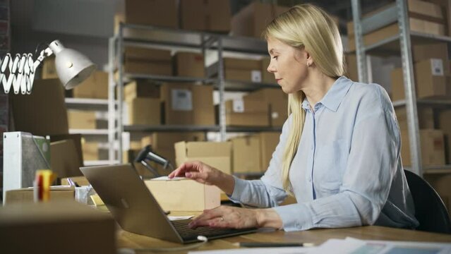 Small Business Owner Checks Stock and Inventory on Laptop Computer in the Retail Warehouse full of Shelves with Goods. Working in Logistics, Distribution Center with Male Colleague.