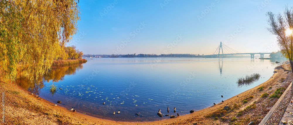 Wall mural Panorama with Pivnichnyi (Northern) Bridge on Dnieper River on sunrise, Kyiv, Ukraine