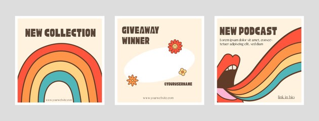 Social media ig post template with funky frame and smiling hippie flowers. Retro 60s 70s aesthetic backdrop with rainbow. Vintage background for online blog. Vector set of square posters.