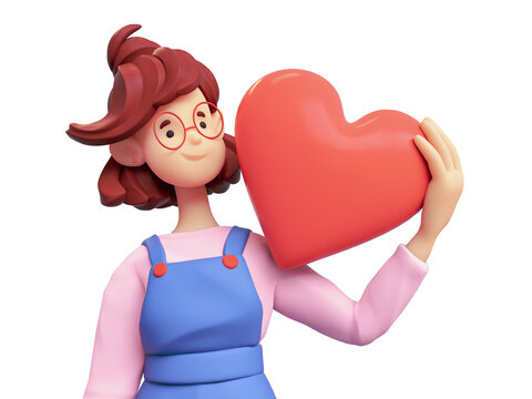 Portrait of casual funny smiling brunette girl in glasses wears blue overalls, pink t-shirt holding red heart shape with her hand. I Love You. Self acceptance. 3d render isolated on white backdrop.