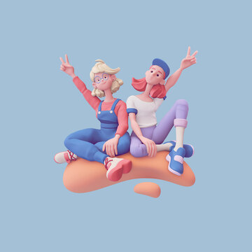 Two young funny colorful asian red-haired blonde girls wear fashion casual blue purple clothes show fingers peace sign victory symbol have fun joy sit on orange cloud floating in air. 3d pastel render