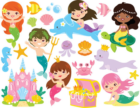 Mermaids world clipart set. Cute mermaids, merman, sea animals, and items from a magical underwater kingdom.