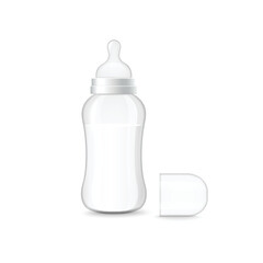 Baby milk bottle with pacifier and removable cap, 3d realistic vector illustration isolated on white background.