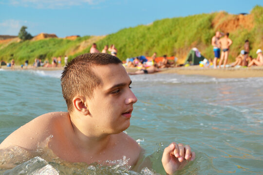 Autistic Guy Swims In The Black Sea On The Beach