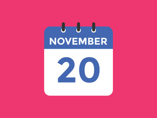 november 20 calendar reminder. 20th november daily calendar icon template. Calendar 20th november icon Design template. Vector illustration
