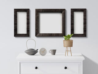 3 photo frames for Mockup on wall, 3d Rendering, Illustration