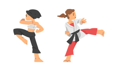 Woman Character Engaged in Combat Sport or Fighting Sport Vector Set