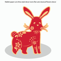 Rabbit paper cut china style decor icons flat cute classical flowers decor