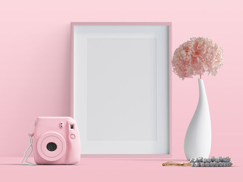 pink room with a picture frame, 3d Rendering, Illustration