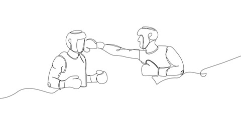 Two boxers in a fight one line art. Continuous line drawing boxing, protective mask, boxing gloves, fight, battle, competition, wrestling, sport.