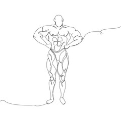 Bodybuilder one line art. Continuous line drawing sport, fitness, man, musculature, strength, gym, physical education, athlete torso, weightlifting, muscles.