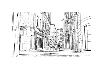 Building view with landmark of Nimes is the 
commune in France. Hand drawn sketch illustration in vector.