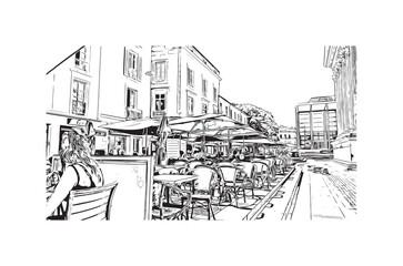 Building view with landmark of Nimes is the 
commune in France. Hand drawn sketch illustration in vector.