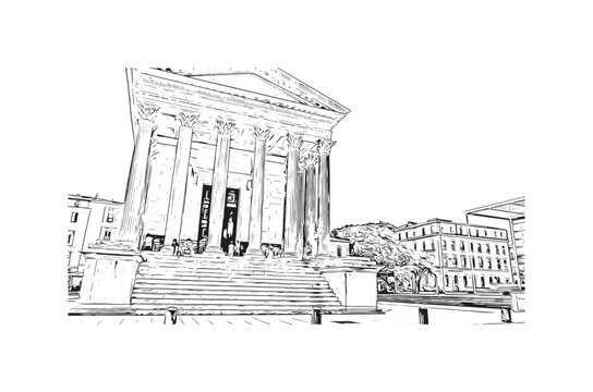 Building view with landmark of Nimes is the 
commune in France. Hand drawn sketch illustration in vector.