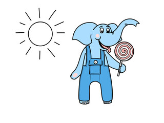 Elephant boy in overalls eats candy on a stick. Flat vector color illustration.