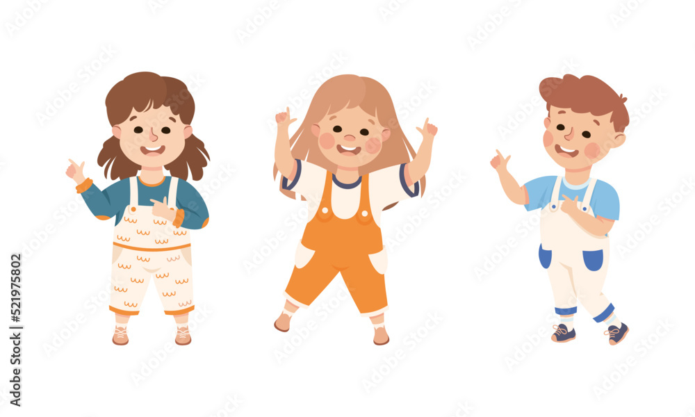 Poster funny kids pointing at something with extending hand and index finger vector set