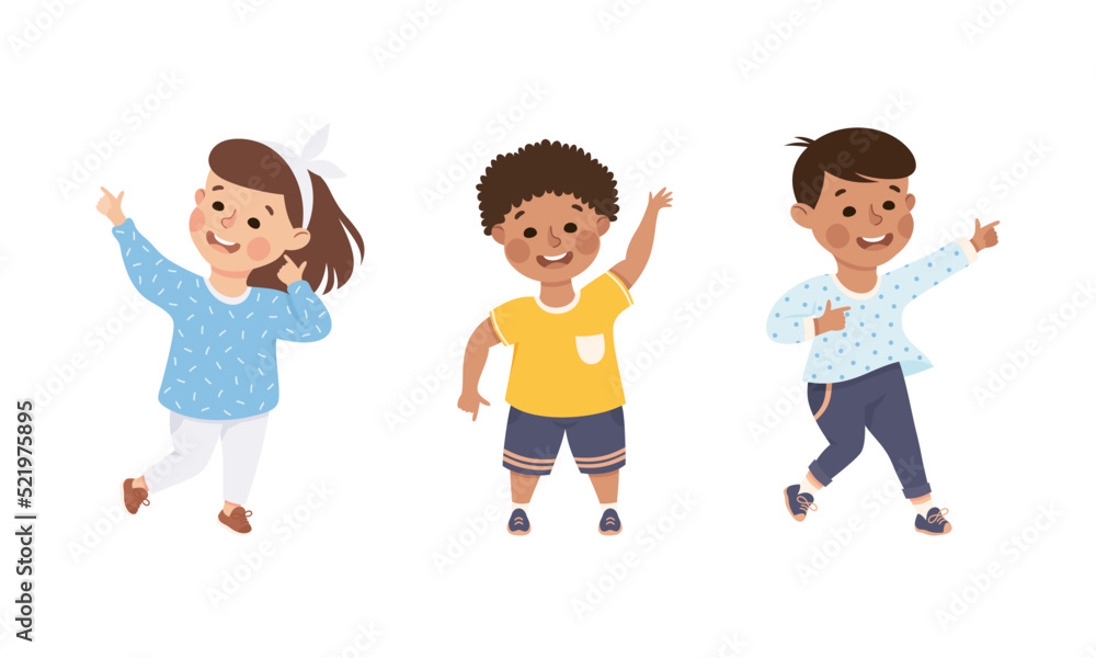 Poster funny kids pointing at something with extending hand and index finger vector set