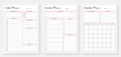 Daily, weekly, monthly planner template. Modern planner template set. 3 Set of minimalist Planners. Printable planner template design. - obrazy, fototapety, plakaty