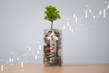 Tree growth on coins saving jar with stock market graph and up arrow , Money saving for investment...