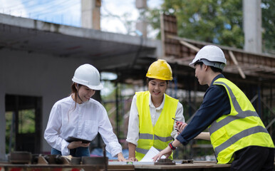 Three experts inspect commercial building construction sites, industrial buildings real estate...