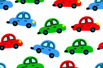 Cute simple retro car seamless pattern. Kids hand drawn automobile on white background. Doodle boy transport endless wallpaper