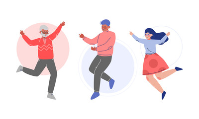 Happy Man and Woman Character Jumping Feeling Jubilation Vector Set