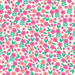 Simple vintage pattern. pink  flowers, green leaves. white background. Fashionable print for textiles and wallpaper.