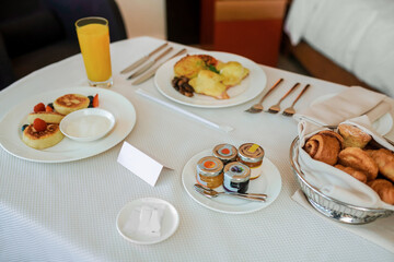 Close up picture of breakfast served on the table