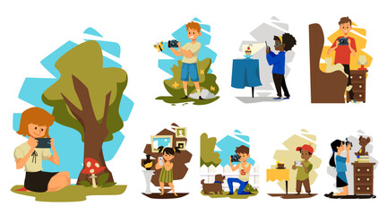 Kids taking photographs or pictures of nature and environment, flat vector illustration isolated on white background.