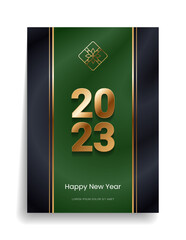 2023 Happy New Year and Merry Christmas. Designer cover with gold elements on a black background for invitation, congratulatory postcard, calendar, parties. Vector.