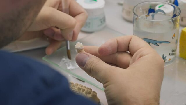 Putting the ceramic enamel onto the tooth at the dentistry production clinic. Applying the ceramic enamel on the dentistry product. Brushing the ceramic enamel onto a crown at dentistry production lab