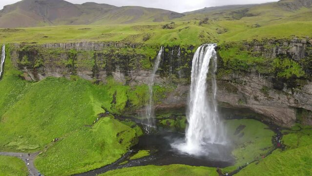 Drone view at Seljalandfoss and Gljufrabui waterfalls on Iceland