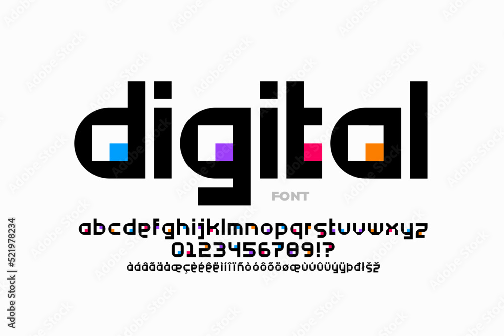 Fototapete digital tech style font design, multilingual alphabet letters and numbers vector illustration