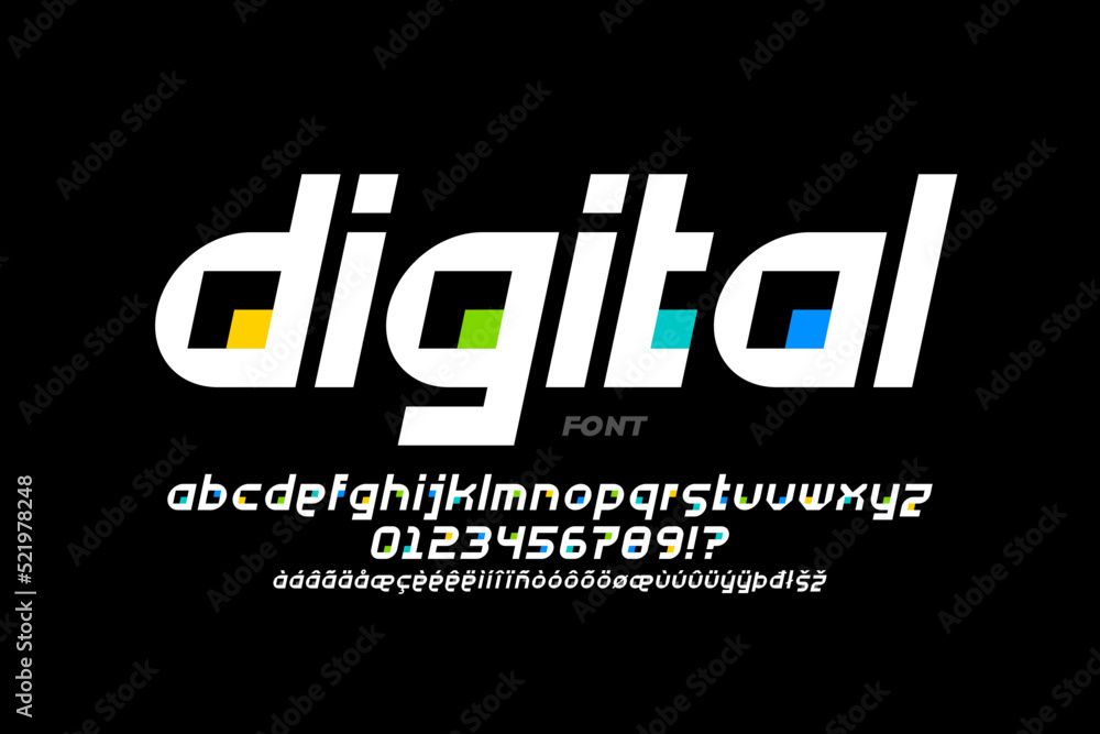 Poster digital tech style font design, multilingual alphabet letters and numbers vector illustration