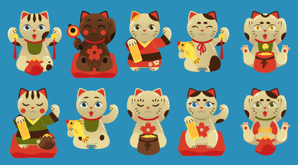 Maneki Neko asian lucky cat collection flat vector illustration isolated.