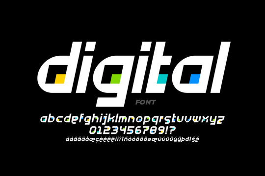 Digital Tech Style Font Design, Multilingual Alphabet Letters And Numbers Vector Illustration