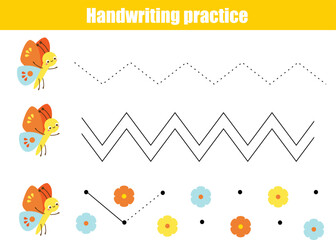 Handwriting practice sheet with butterflies. Educational children game. Tracing lines for kids and toddlers - 521978445