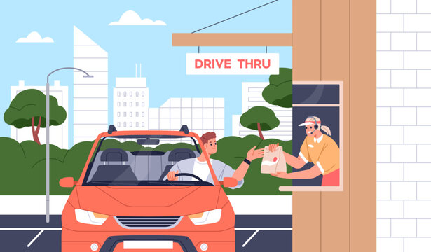 Driver at drive thru through service. Person ordering takeaway fast food from car. Worker at counter in fastfood cafe booth with window giving takeout meal to customer. Flat vector illustration