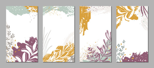 Set of templates for social media posts, stories, banners, covers, greeting cards, branding design. Abstract floral vector backgrounds with organic shapes, plants. Modern illustrations with textures a