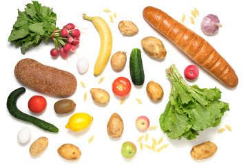 Food, fruits and vegetables on a white background.