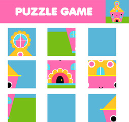 Puzzle for toddlers. Cut and Match pieces and complete the picture of cute house. Educational game for children - 521978645