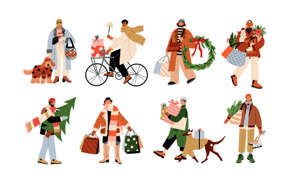 Happy people at Christmas eve set. Merry men and women characters walking with gift boxes, Xmas trees, shopping bags on winter holiday. Flat graphic vector illustrations isolated on white background