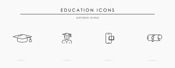 Education icons collection. Student, diploma scroll, smatrphone and hat vector icons