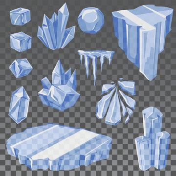 Realistic iceberg, ice cubes, glacier and icicle - cartoon vector illustration isolated on transparent background.