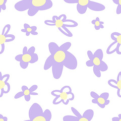 Retro hippie floral seamless pattern. Y2k nostalgia repeat texture for fashion fabric print, baby girl nursery wallpaper, cover. Cartoon vector illustration in 2000s style