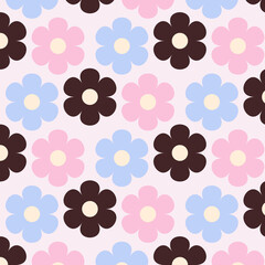 Hippie retro vintage daisy flowers seamless pattern in 90s-2000s style. Flat vector illustration