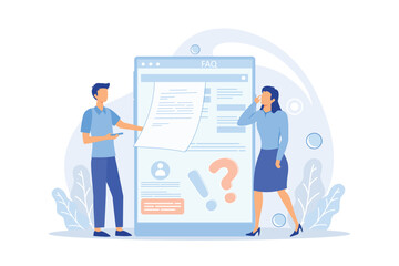 FAQ website support page, guides page. frequently asked questions or questions and answers, client or customer support, product and service information flat modern design illustration