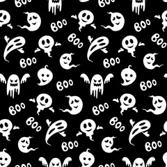 Ghost boo seamless pattern. Halloween. Design for fabric, wrapping paper, textile. Vector stock illustration.